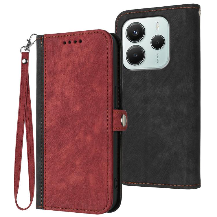 

For Redmi Note 14 4G 164.84mm Side Buckle Double Fold Hand Strap Leather Phone Case(Red)