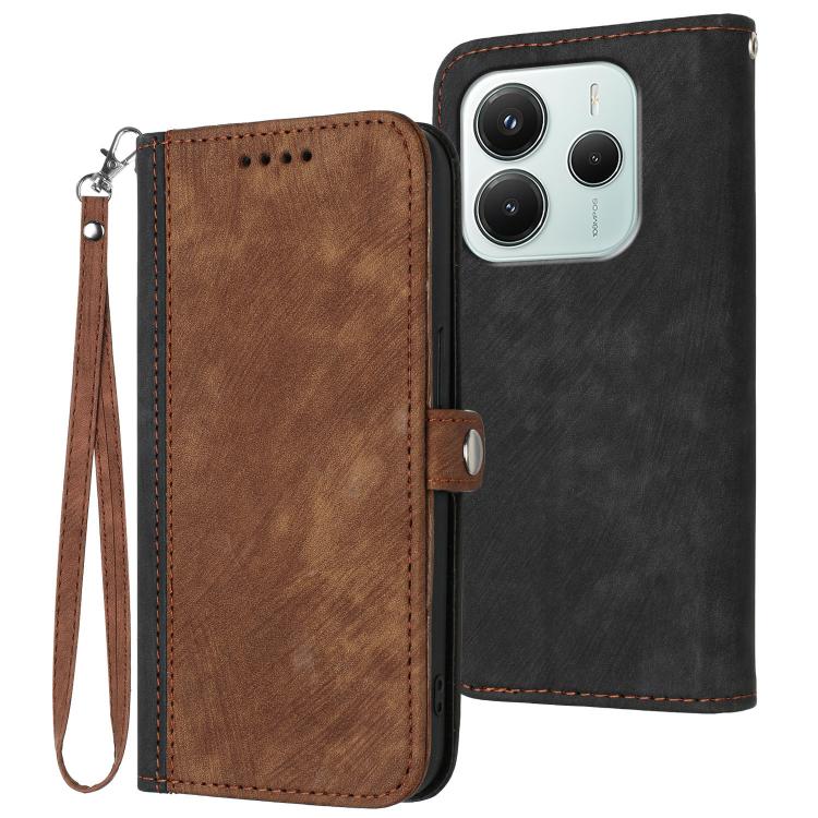 

For Redmi Note 14 4G 164.84mm Side Buckle Double Fold Hand Strap Leather Phone Case(Brown)