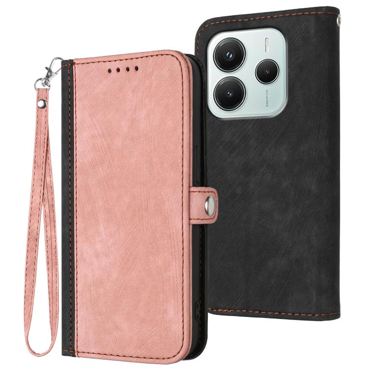 

For Redmi Note 14 4G 164.84mm Side Buckle Double Fold Hand Strap Leather Phone Case(Pink)