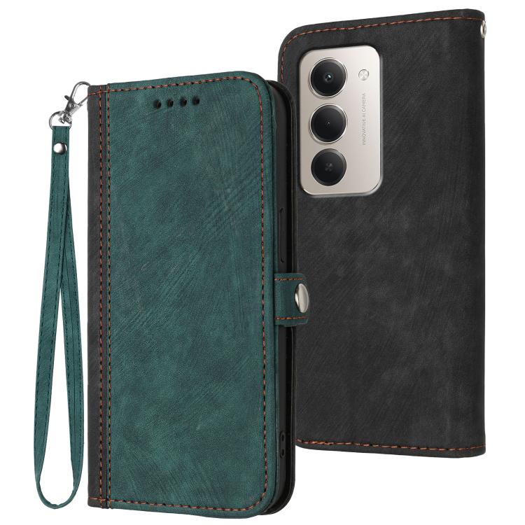 

For Redmi 15 5G / 4G EU 171mm Side Buckle Double Fold Hand Strap Leather Phone Case(Dark Green)