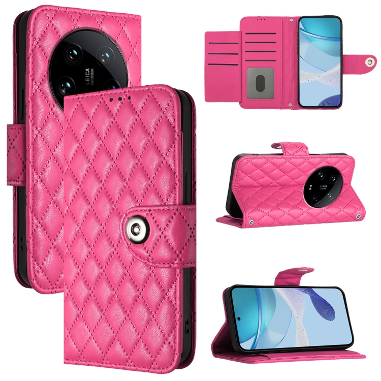 

For Xiaomi 14 Ultra Rhombic Texture Flip Leather Phone Case with Lanyard(Rose Red)