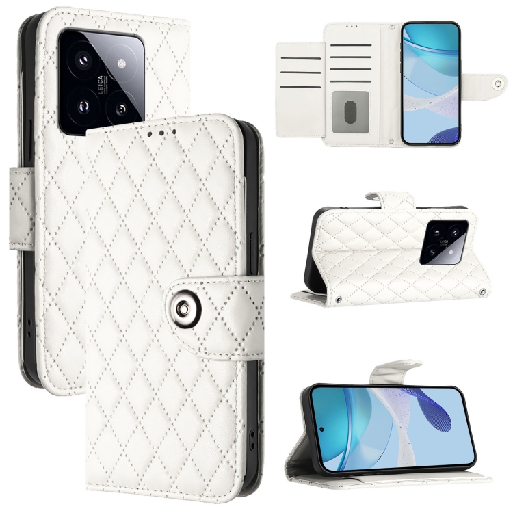 

For Xiaomi 14 Pro Rhombic Texture Flip Leather Phone Case with Lanyard(White)