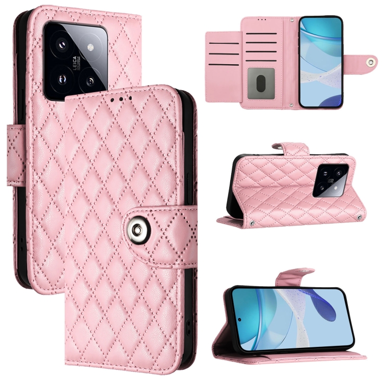 

For Xiaomi 14 Pro Rhombic Texture Flip Leather Phone Case with Lanyard(Pink)