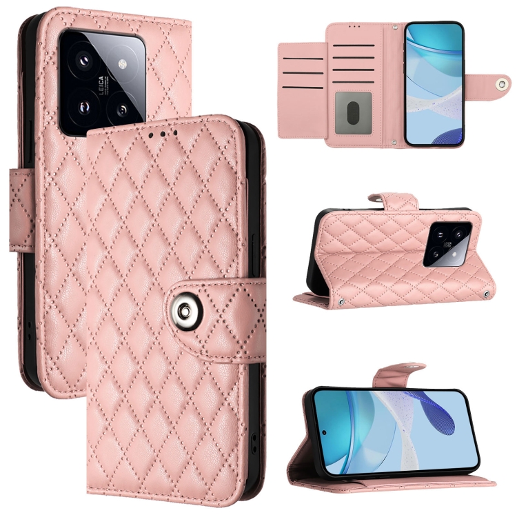 

For Xiaomi 14 Pro Rhombic Texture Flip Leather Phone Case with Lanyard(Coral Pink)