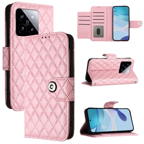 

For Xiaomi 14 Rhombic Texture Flip Leather Phone Case with Lanyard(Pink)