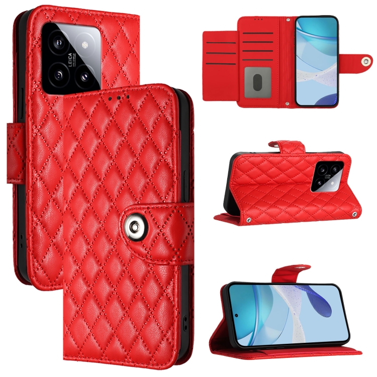 

For Xiaomi 14 Rhombic Texture Flip Leather Phone Case with Lanyard(Red)
