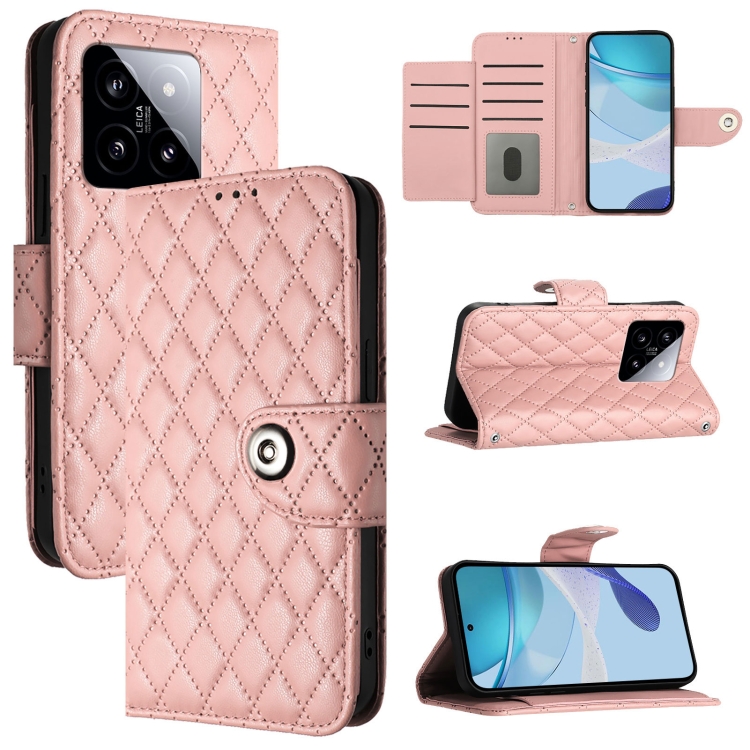 

For Xiaomi 14 Rhombic Texture Flip Leather Phone Case with Lanyard(Coral Pink)