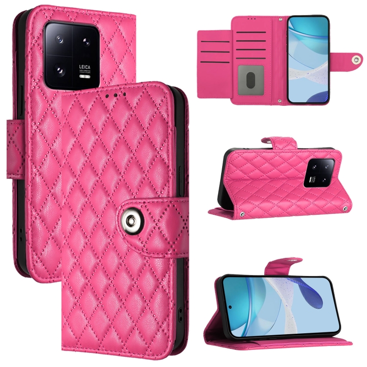 

For Xiaomi 13 Pro Rhombic Texture Flip Leather Phone Case with Lanyard(Rose Red)