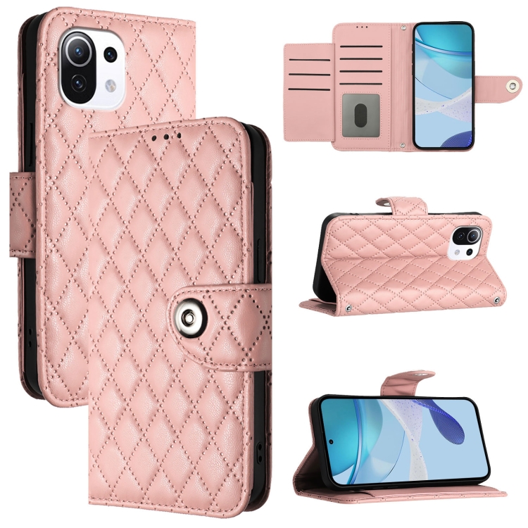 

For Xiaomi 11 Lite 5G NE Rhombic Texture Flip Leather Phone Case with Lanyard(Coral Pink)