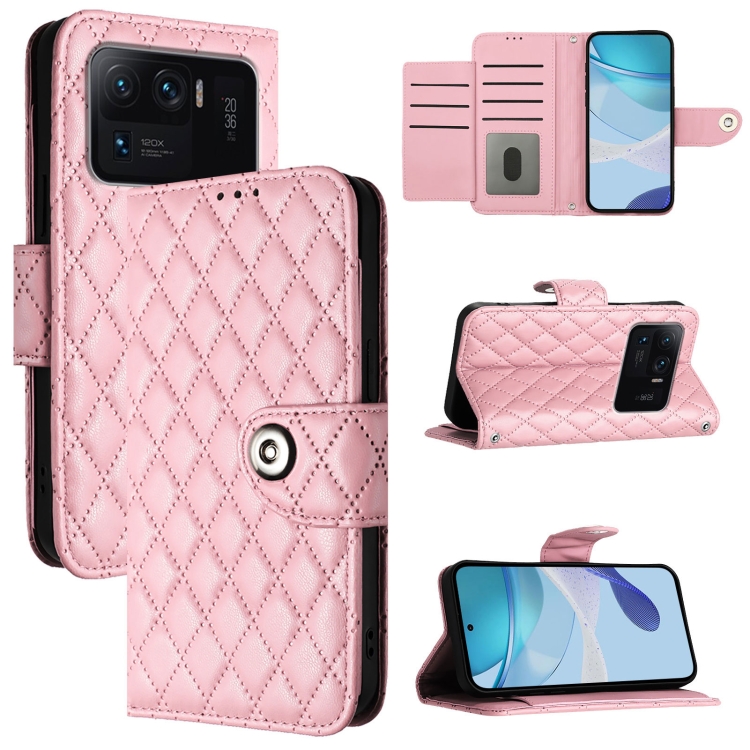 

For Xiaomi Mi 11 Ultra Rhombic Texture Flip Leather Phone Case with Lanyard(Pink)