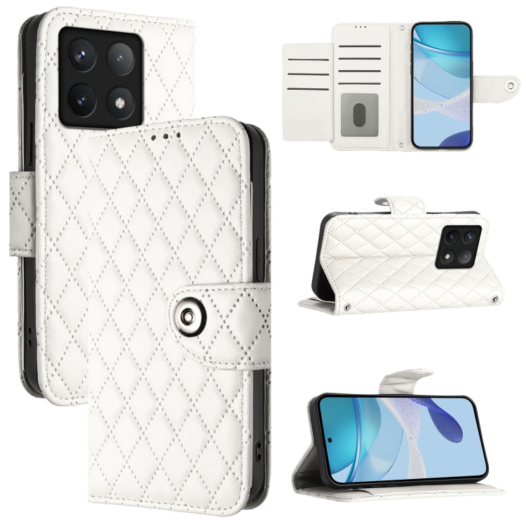 

For Xiaomi 14T Rhombic Texture Flip Leather Phone Case with Lanyard(White)