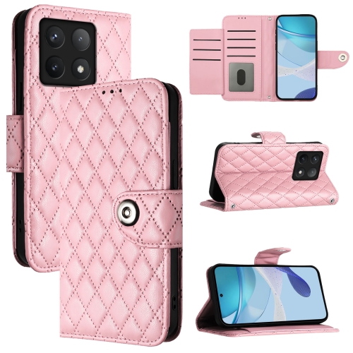 

For Xiaomi 14T Pro Rhombic Texture Flip Leather Phone Case with Lanyard(Pink)