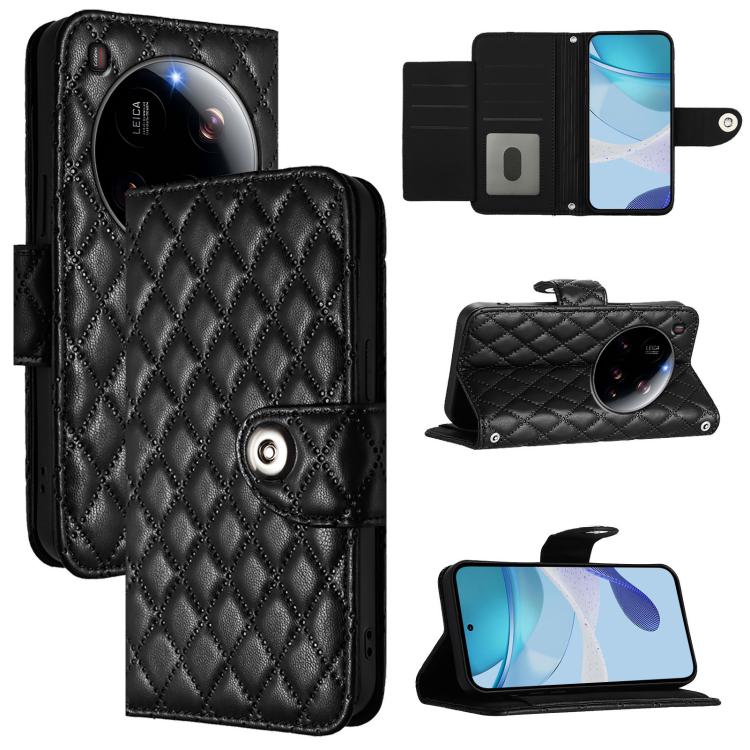 

For Xiaomi 15 Ultra Rhombic Texture Flip Leather Phone Case with Lanyard(Black)