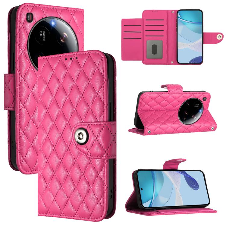 

For Xiaomi 15 Ultra Rhombic Texture Flip Leather Phone Case with Lanyard(Rose Red)