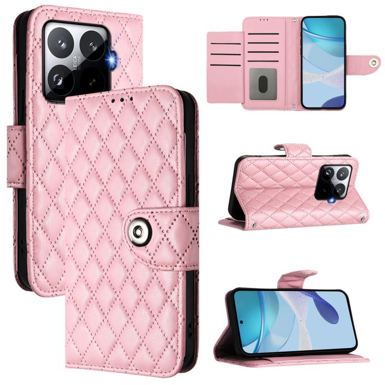 

For Xiaomi 15T Pro 5G Rhombic Texture Flip Leather Phone Case with Lanyard(Pink)