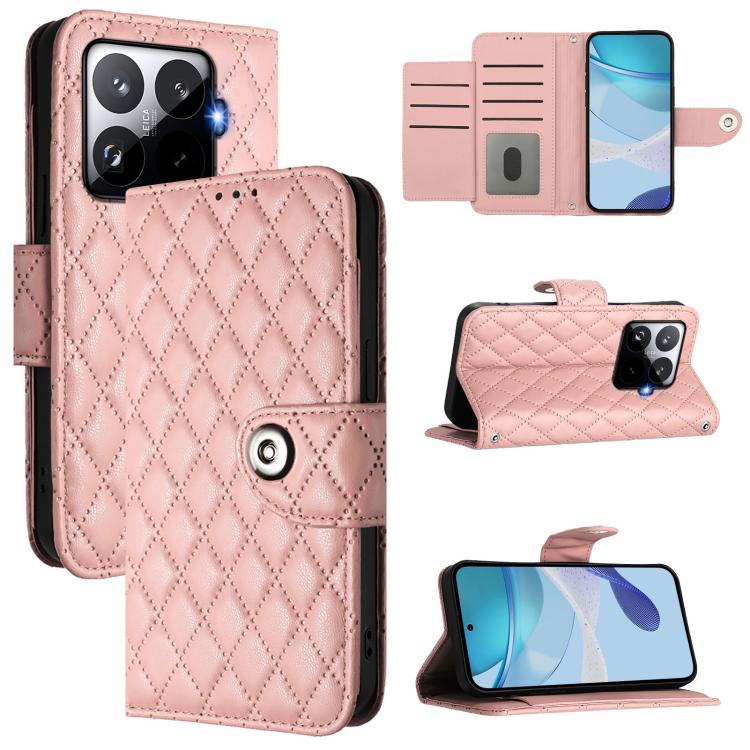 

For Xiaomi 15T Pro 5G Rhombic Texture Flip Leather Phone Case with Lanyard(Coral Pink)