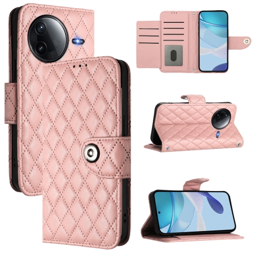 

For Redmi K80 5G / K80 Pro 5G Rhombic Texture Flip Leather Phone Case with Lanyard(Coral Pink)