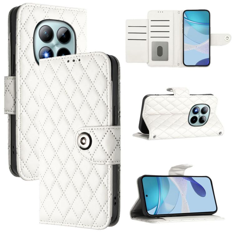 

For Redmi Note 15 Pro+ 5G Global 163.6mm Rhombic Texture Flip Leather Phone Case with Lanyard(White)