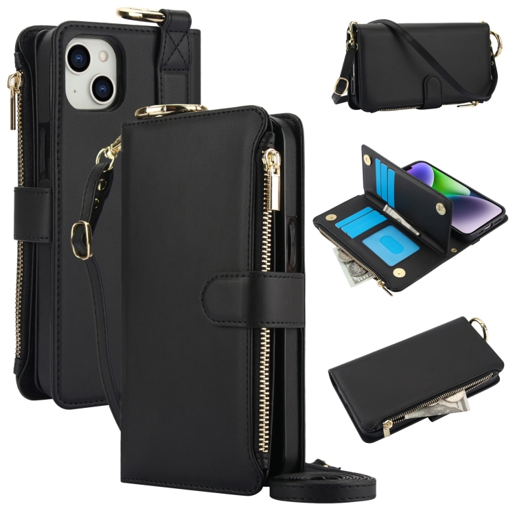 

For iPhone 15 Plus Crossbody Ring Multifunctional Wallet Leather Phone Case(Black)