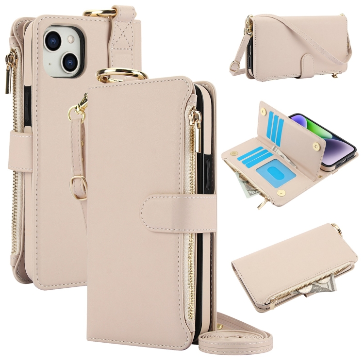 

For iPhone 15 Crossbody Ring Multifunctional Wallet Leather Phone Case(White)