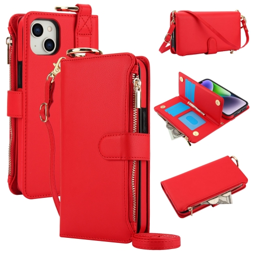 

For iPhone 14 Crossbody Ring Multifunctional Wallet Leather Phone Case(Red)