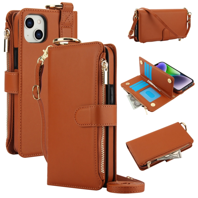 

For iPhone 14 Crossbody Ring Multifunctional Wallet Leather Phone Case(Brown)