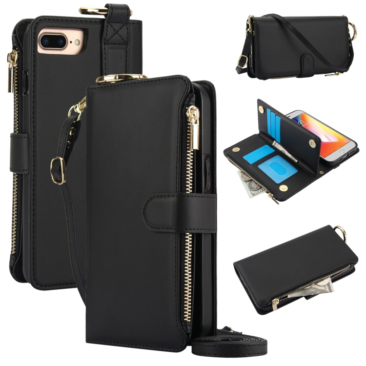 

For iPhone 7 / 8 / SE 2022 Crossbody Ring Multifunctional Wallet Leather Phone Case(Black)