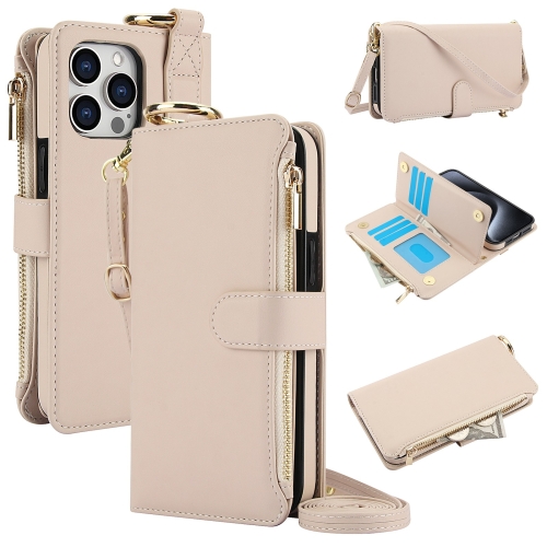 

For iPhone 13 Pro Max Crossbody Ring Multifunctional Wallet Leather Phone Case(White)