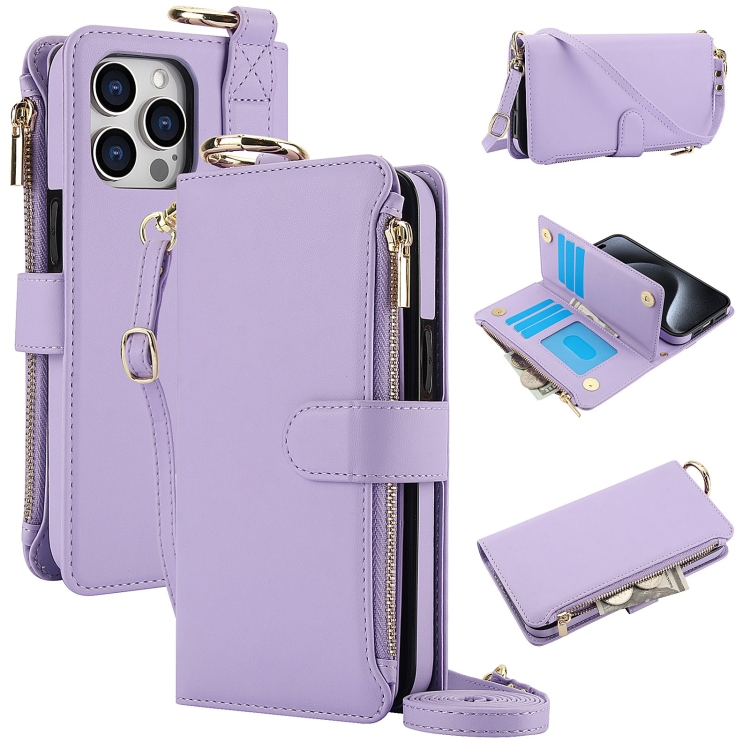 

For iPhone 13 Pro Max Crossbody Ring Multifunctional Wallet Leather Phone Case(Purple)