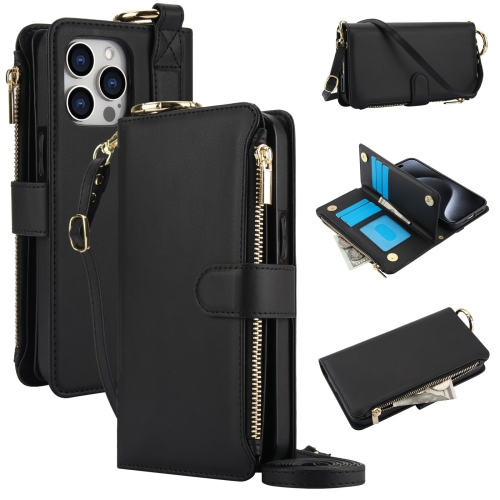 

For iPhone 13 Pro Crossbody Ring Multifunctional Wallet Leather Phone Case(Black)