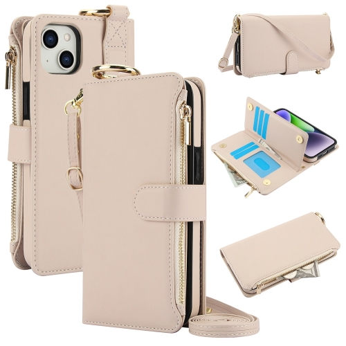 

For iPhone 13 mini Crossbody Ring Multifunctional Wallet Leather Phone Case(White)