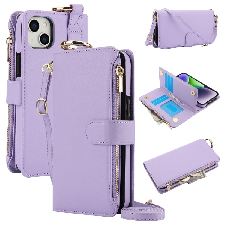 

For iPhone 13 mini Crossbody Ring Multifunctional Wallet Leather Phone Case(Purple)