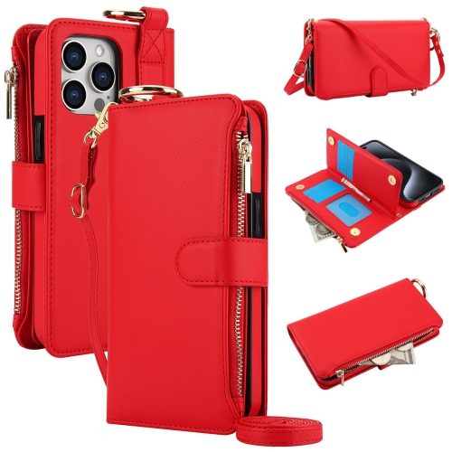 

For iPhone 12 / 12 Pro Crossbody Ring Multifunctional Wallet Leather Phone Case(Red)