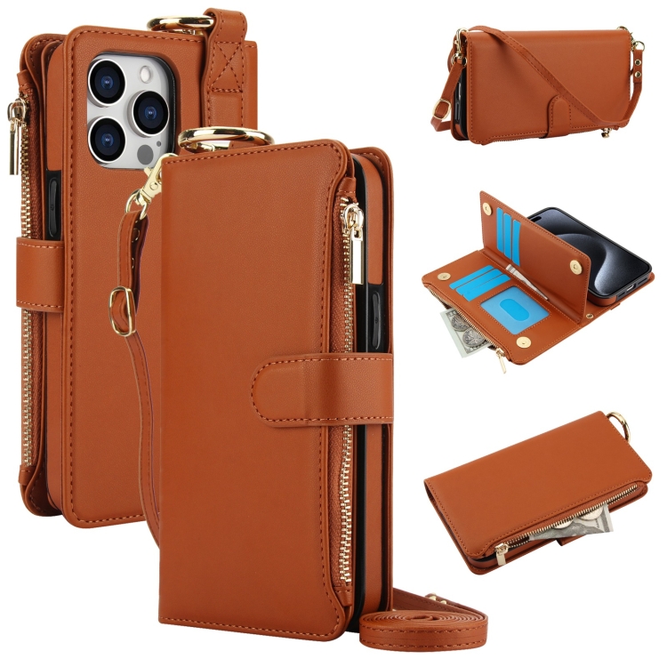 

For iPhone 12 / 12 Pro Crossbody Ring Multifunctional Wallet Leather Phone Case(Brown)