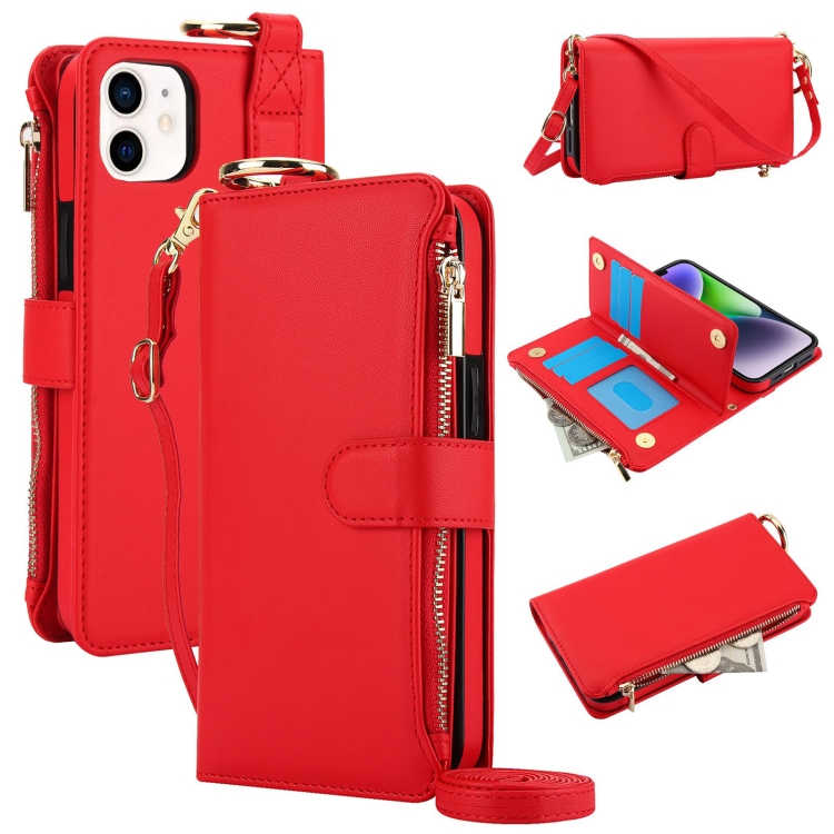 

For iPhone 12 mini Crossbody Ring Multifunctional Wallet Leather Phone Case(Red)