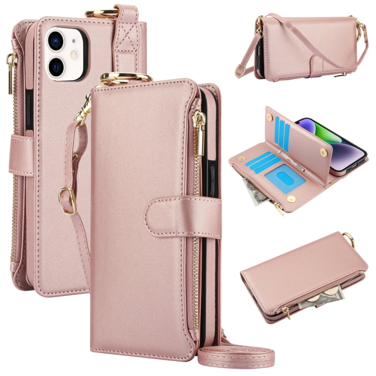 

For iPhone 12 mini Crossbody Ring Multifunctional Wallet Leather Phone Case(Rose Gold)