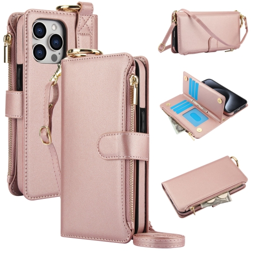 

For iPhone 11 Pro Crossbody Ring Multifunctional Wallet Leather Phone Case(Rose Gold)