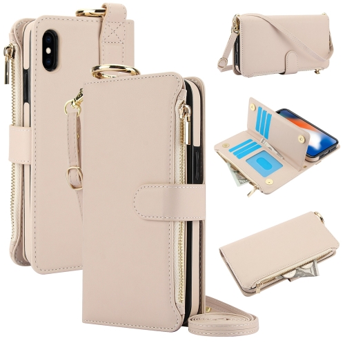 For iPhone XS Max Crossbody Ring Multifunctional Wallet Leather Phone Case White