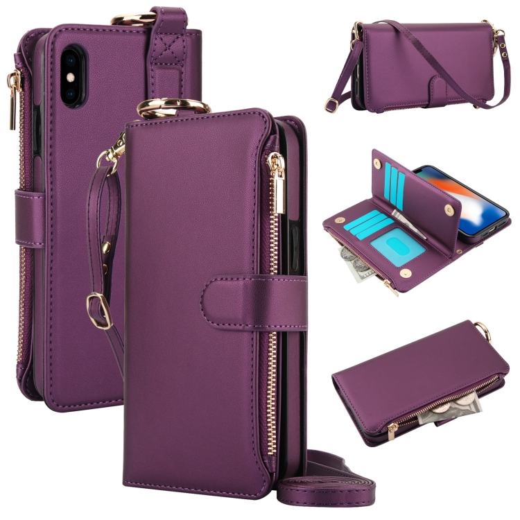 

For iPhone XS Max Crossbody Ring Multifunctional Wallet Leather Phone Case(Dark Purple)