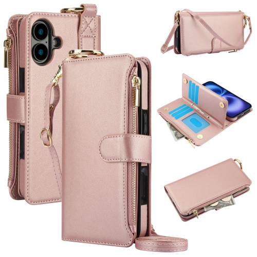 

For iPhone 16 Plus Crossbody Ring Multifunctional Wallet Leather Phone Case(Rose Gold)