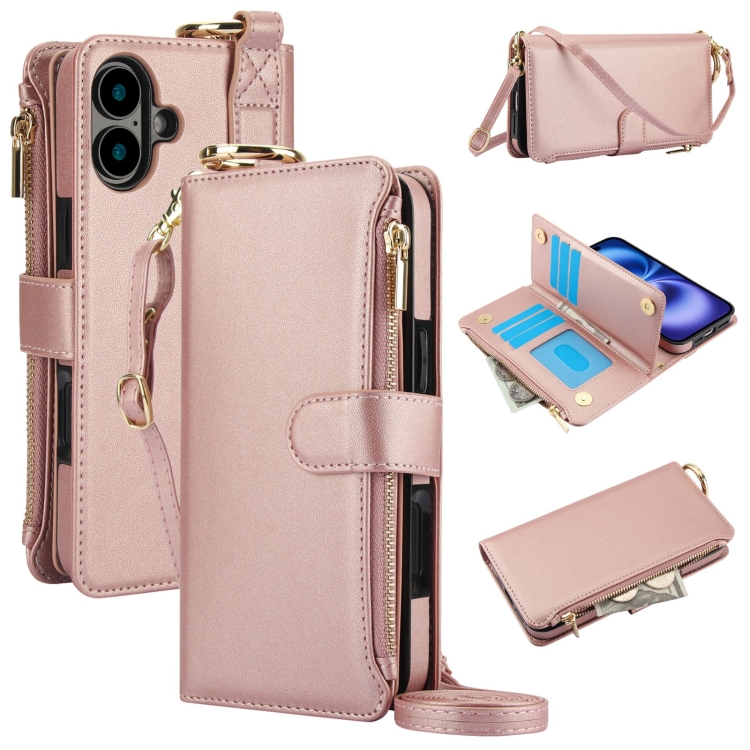 

For iPhone 16 Crossbody Ring Multifunctional Wallet Leather Phone Case(Rose Gold)