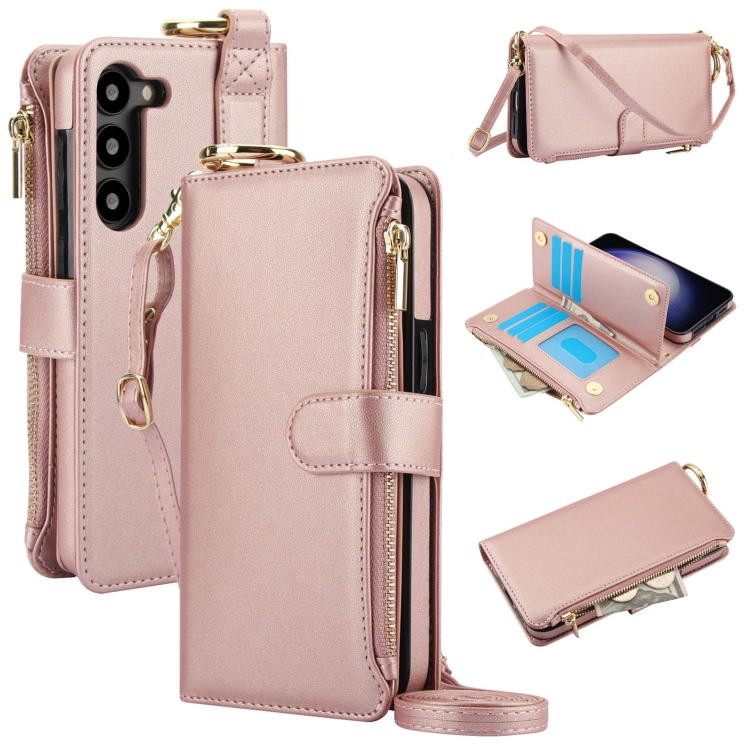 

For Samsung Galaxy S23 5G Crossbody Ring Multifunctional Wallet Leather Phone Case(Rose Gold)