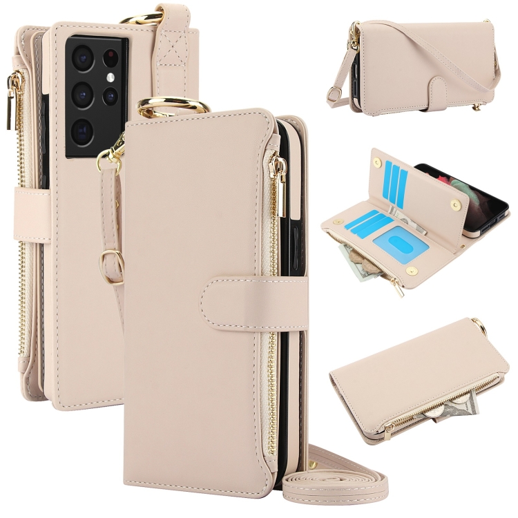 

For Samsung Galaxy S21 Ultra 5G Crossbody Ring Multifunctional Wallet Leather Phone Case(White)