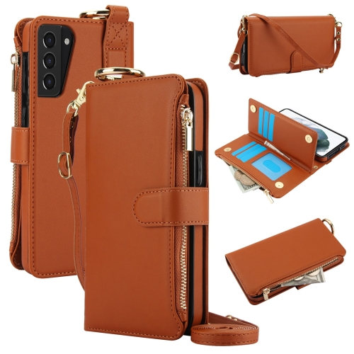 

For Samsung Galaxy S21+ 5G Crossbody Ring Multifunctional Wallet Leather Phone Case(Brown)