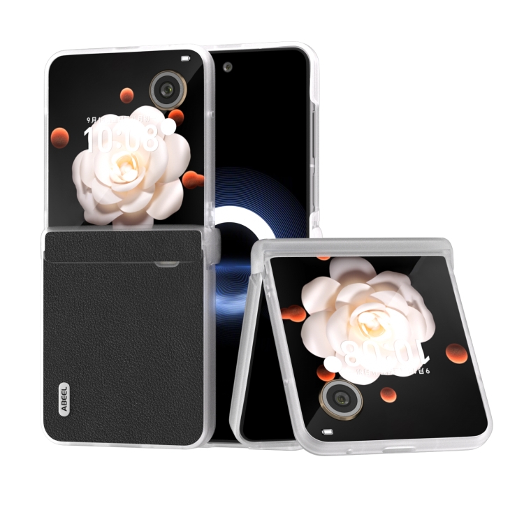 

For Honor Magic V Flip ABEEL Three Parts Frosted Translucent Frame Genuine Leather Wave Phone Case(Black)