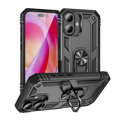 

For iPhone 16 Shockproof TPU Hybrid PC Phone Case with Holder(Black)