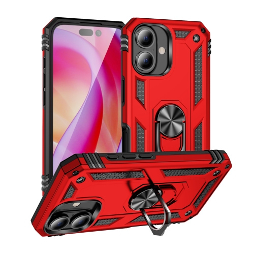 

For iPhone 16 Shockproof TPU Hybrid PC Phone Case with Holder(Red)