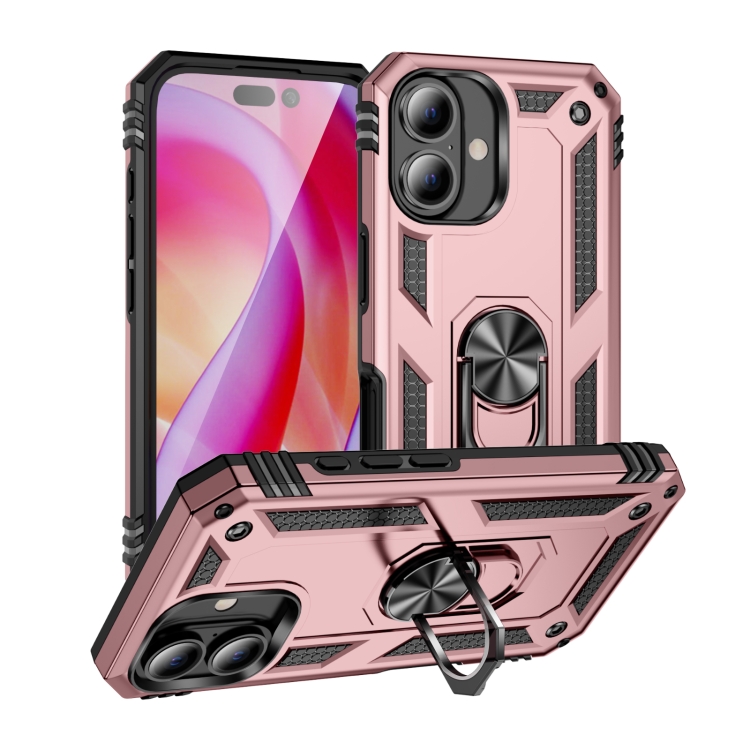 

For iPhone 16 Shockproof TPU Hybrid PC Phone Case with Holder(Rose Gold)