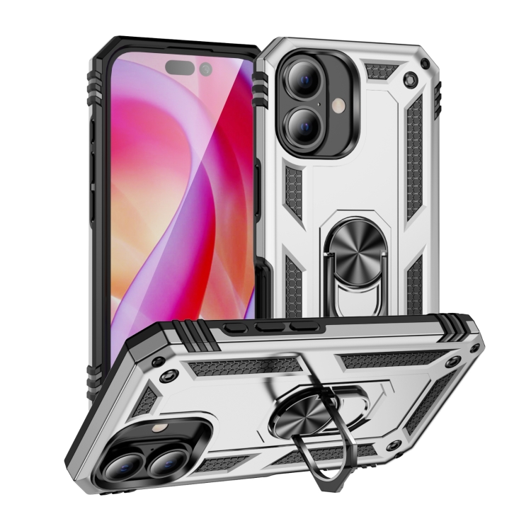 

For iPhone 16 Shockproof TPU Hybrid PC Phone Case with Holder(Silver)