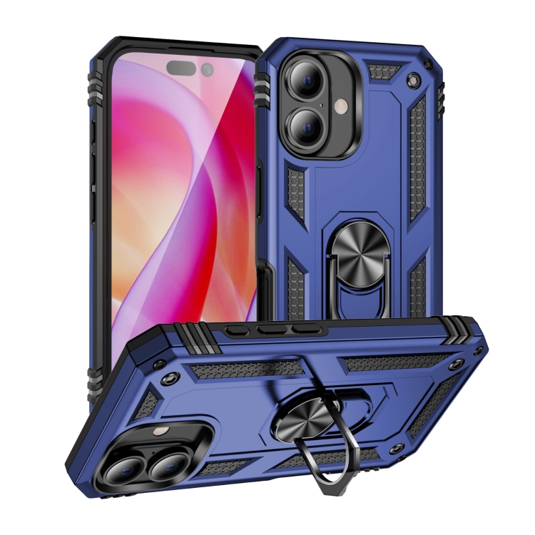 

For iPhone 16 Plus Shockproof TPU Hybrid PC Phone Case with Holder(Blue)